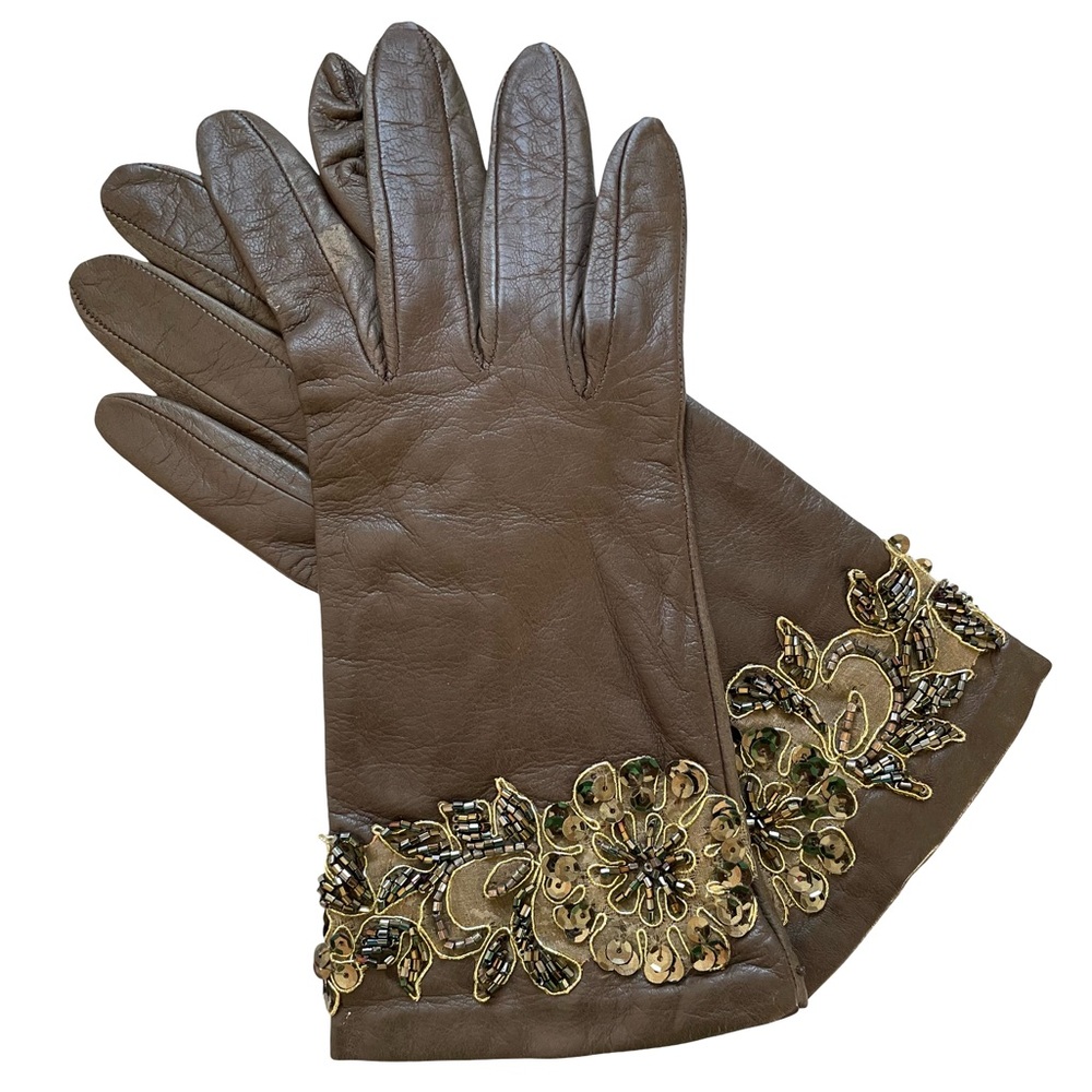Vintage Adrienne Landau For Portolano Brown Leather Embellished Gloves Size 7.5